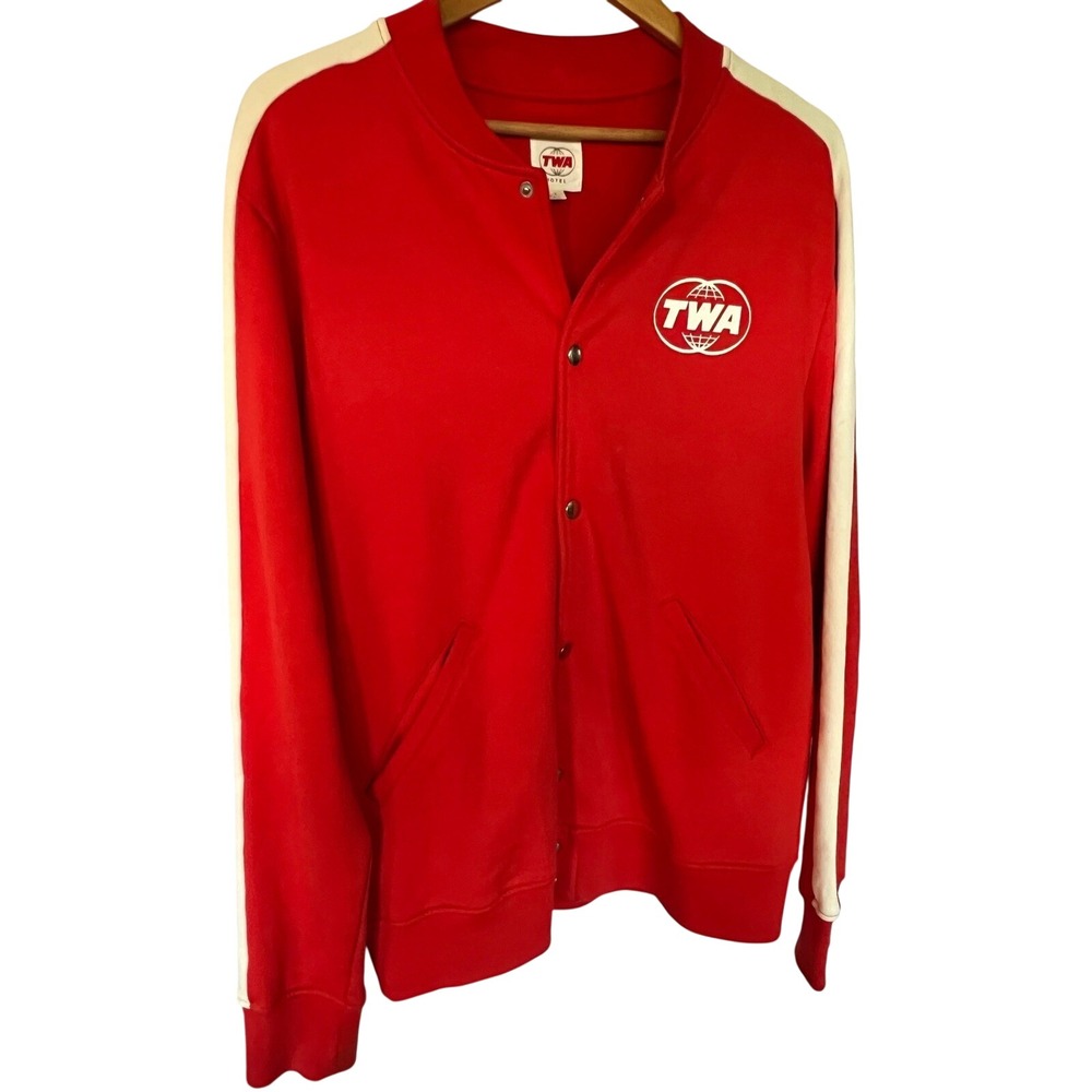 TWA Hotel Tracksuit Varsity Jacket Red Cotton Snap Front Bomber Mens Large